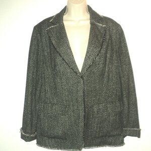 Marc Aurel Blazer Women's Size 12 Black & Gray Tweed Front Buttoned FringedOffic
